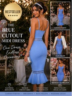 🦋  Sky Blue Bodycon Bandage Midi Dress w/Cutouts